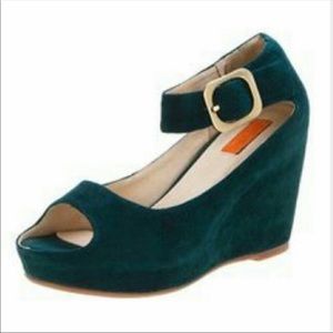 Emerald green teal 3 1/4” wedge heels